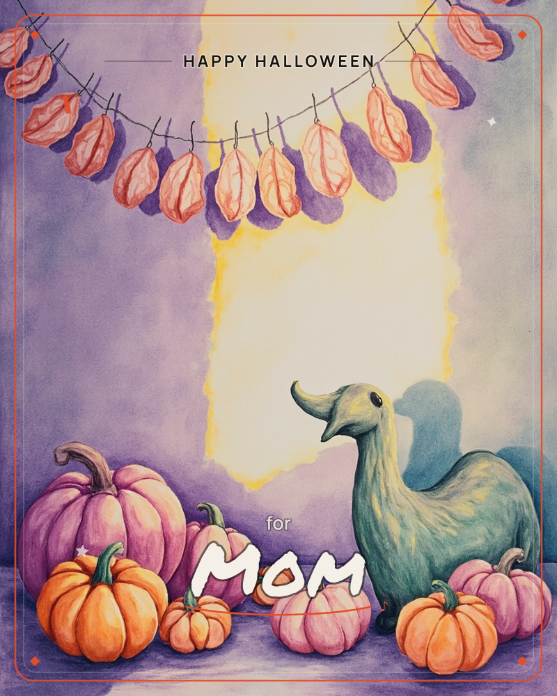 A whimsical teal duck figurine sits among a cluster of pink and orange pumpkins, gazing upward toward a string of hanging dried leaves strung on a line…, a halloween e-card design