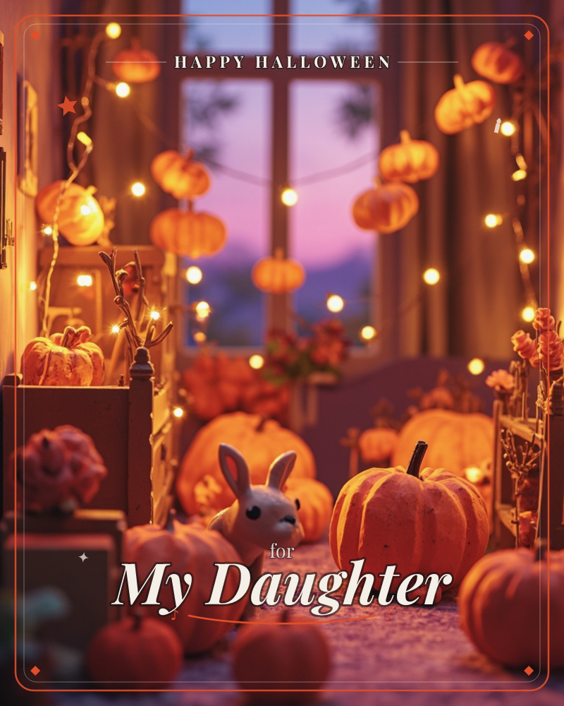 A miniature autumn room glows with rows of small pumpkins scattered across the floor and strung as glowing lanterns overhead, warm fairy lights…, a halloween e-card design