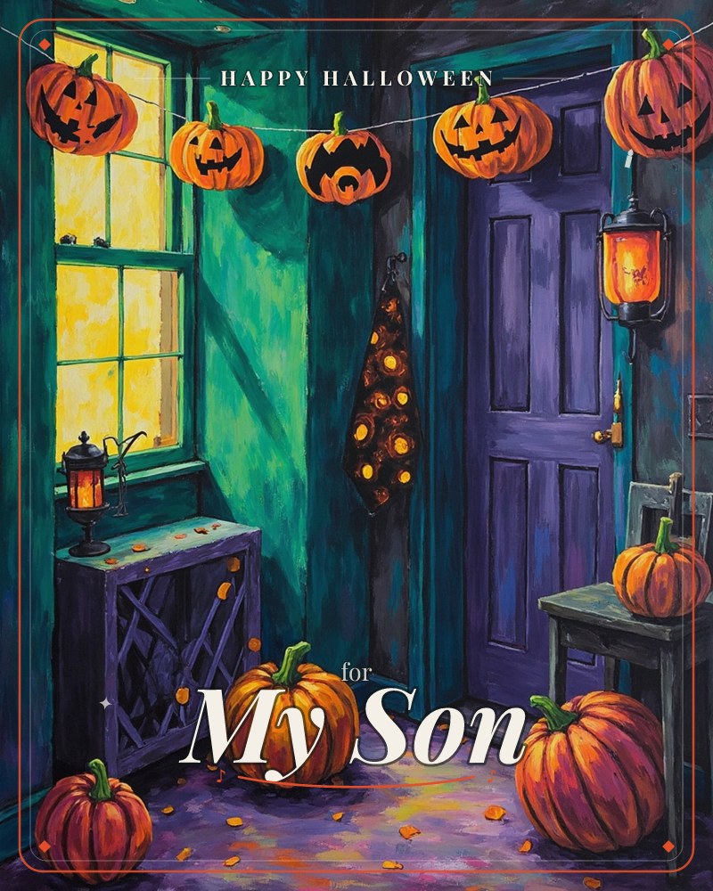 A painted entryway glows with a jack-o'-lantern garland strung above a purple door and a lamplit yellow window, a halloween e-card design