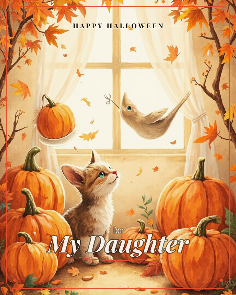 A kitten sits amid a cluster of plump orange pumpkins before a sunlit window, gazing up at a whimsical bird ornament dangling from the curtain rail, a halloween e-card design
