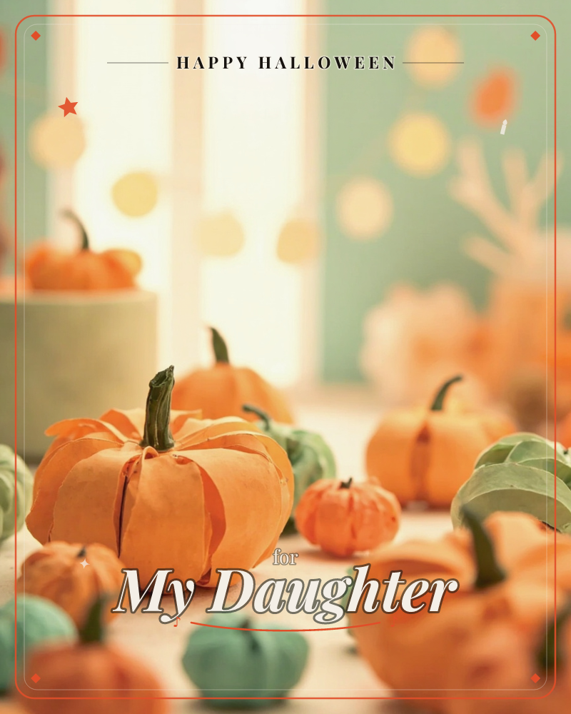 A tabletop is scattered with handmade fabric pumpkins in orange and sage green, each with a stitched green stem, arranged in a soft-focus autumn still…, a halloween e-card design