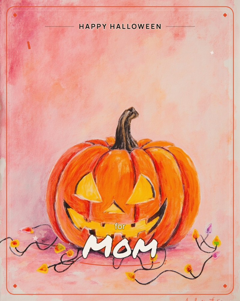 A grinning jack-o'-lantern glows against a pink and coral watercolour wash, its triangle eyes and jagged smile carved out in warm gold, a halloween e-card design