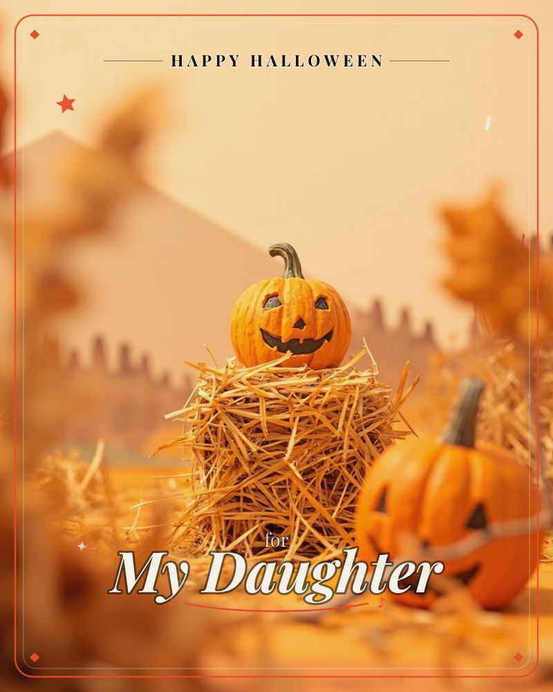 A carved jack-o'-lantern grins from atop a small bundle of straw, with a second pumpkin resting nearby on sandy ground, a halloween e-card design