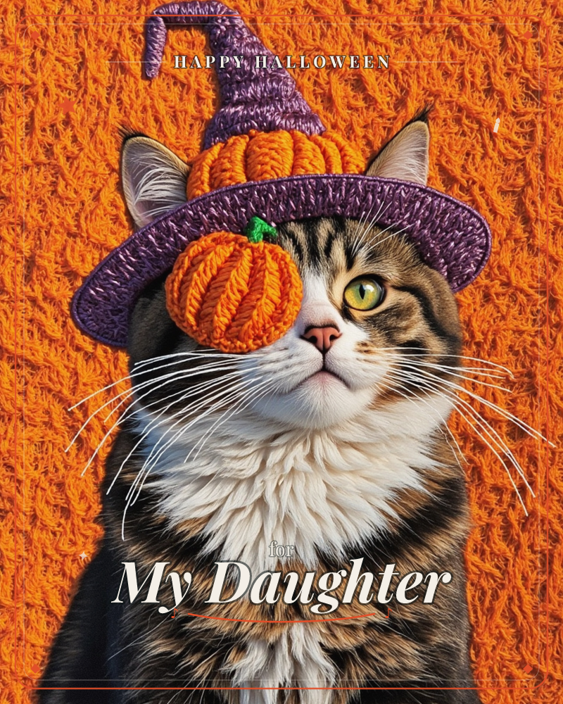 A tabby cat with a fluffy white chest sits against a shaggy orange textured backdrop, wearing a crocheted purple witch's hat topped with a knitted…, a halloween e-card design