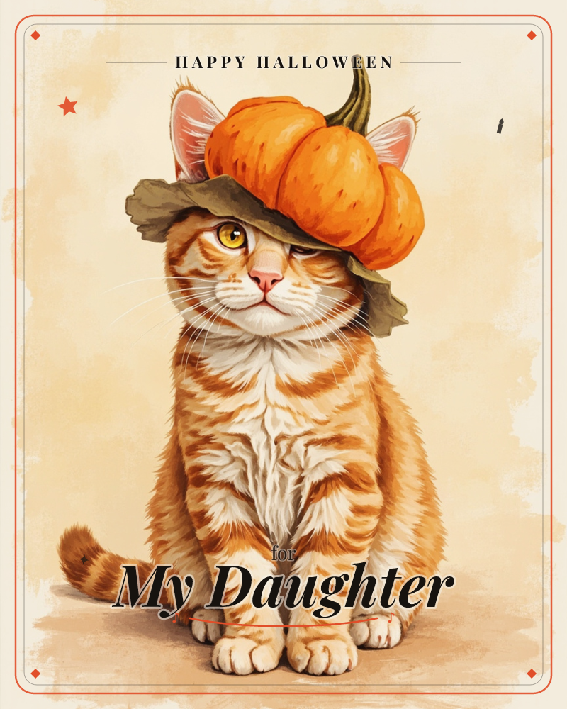 An orange tabby cat sits primly with a small pumpkin balanced on its head like a tilted hat, one ear poking out beside the stem and its face…, a halloween e-card design