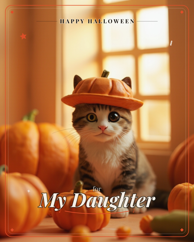 A tabby-and-white kitten sits amid a cluster of orange pumpkins, wearing a small pumpkin-shaped hat perched jauntily on its head, a halloween e-card design