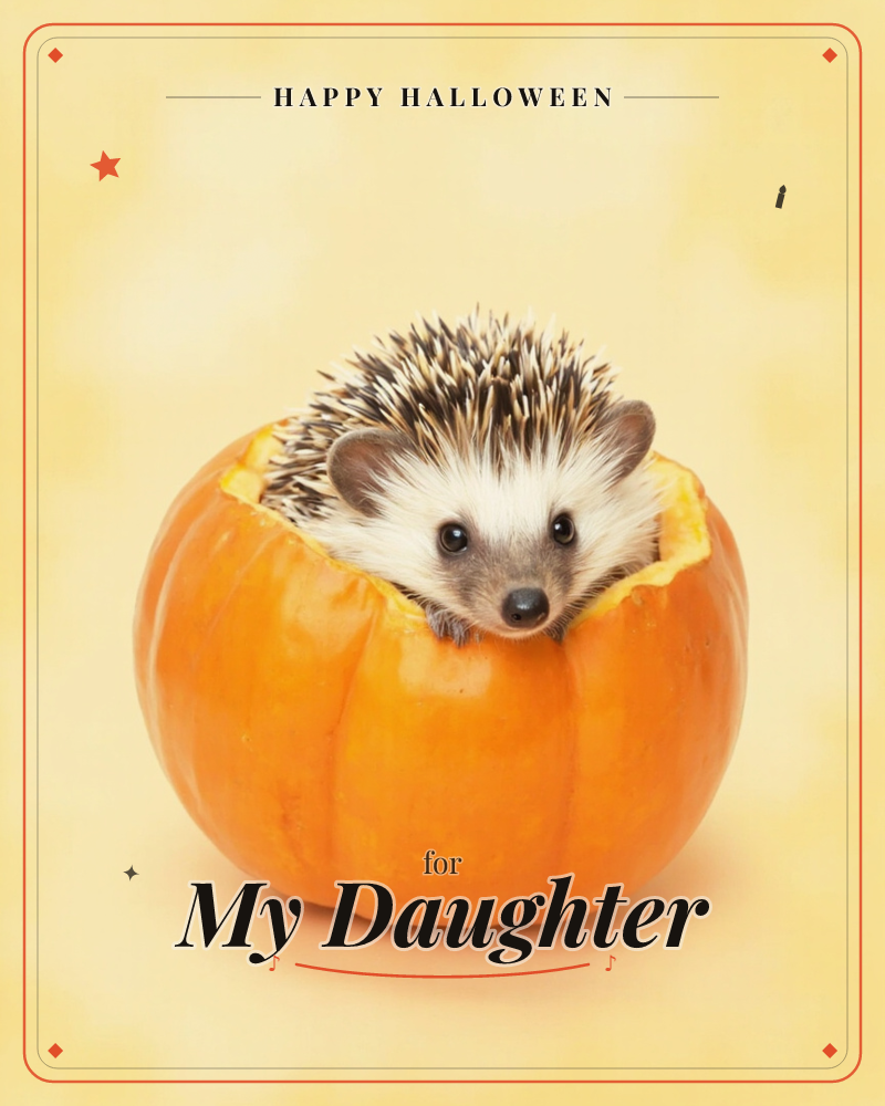 A small hedgehog pokes its face out of a hollowed orange pumpkin, spines bristling over the rim like autumn straw, a halloween e-card design