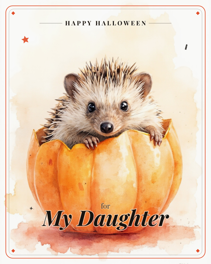 A wide-eyed hedgehog peers out from inside a hollowed pumpkin, its spiky quills and tiny paws draped over the ribbed orange rind, a halloween e-card design