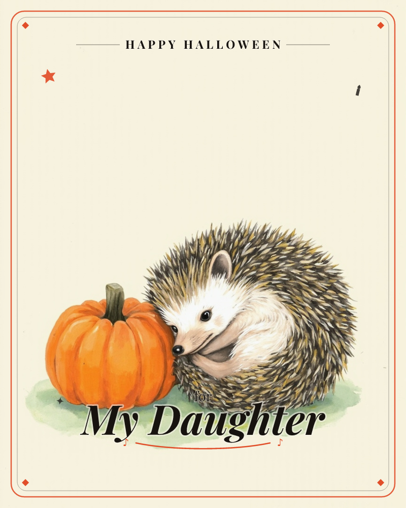 A small hedgehog curls into a soft ball beside a squat orange pumpkin, its white face and dark eyes peeking out toward the viewer, a halloween e-card design