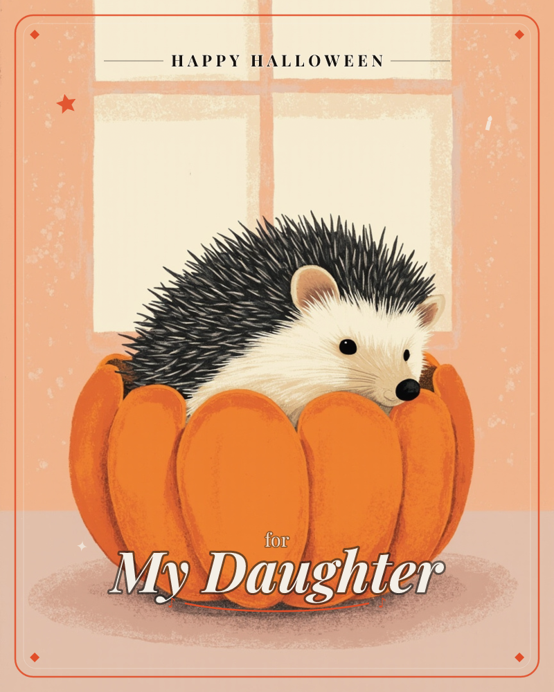 A small hedgehog curls up snugly inside a bright orange pumpkin-shaped bowl, set before a warm, sunlit window with soft peach walls, a halloween e-card design