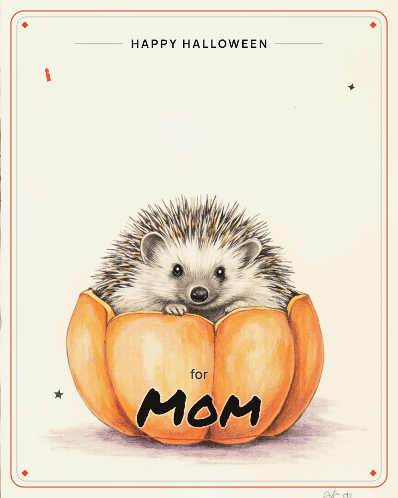 A small hedgehog peeks out from inside a hollowed orange pumpkin, its tiny paws resting on the pumpkin's rim and its dark eyes fixed on the viewer, a halloween e-card design