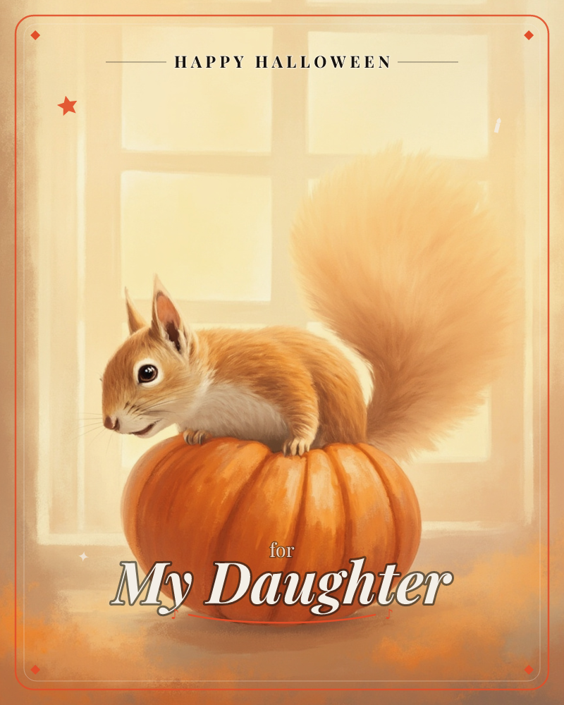A fluffy red squirrel perches atop a plump orange pumpkin, its tail curled high behind it and its small paws gripping the ridged surface, a halloween e-card design