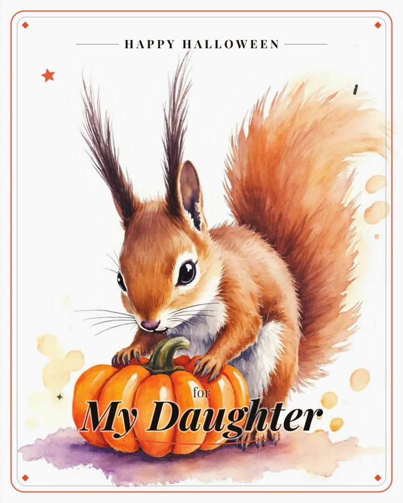 A red squirrel with tufted ears and a big fluffy tail perches over a small orange pumpkin, paws resting on its ridges, a halloween e-card design