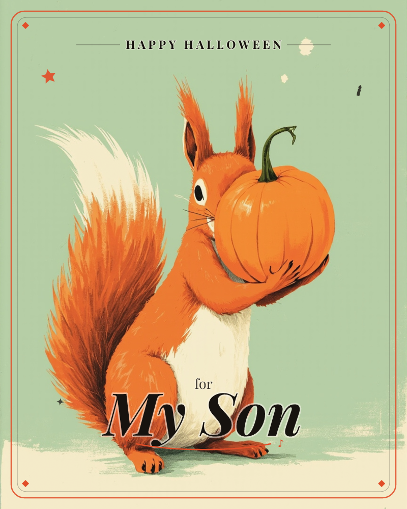 A plump orange squirrel stands upright against a soft sage-green background, hugging a small pumpkin almost as big as its own head, a halloween e-card design