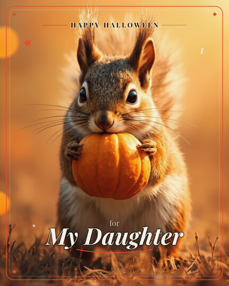 A red squirrel with tufted ears sits upright in golden autumn light, clutching a tiny orange pumpkin in its paws, a halloween e-card design