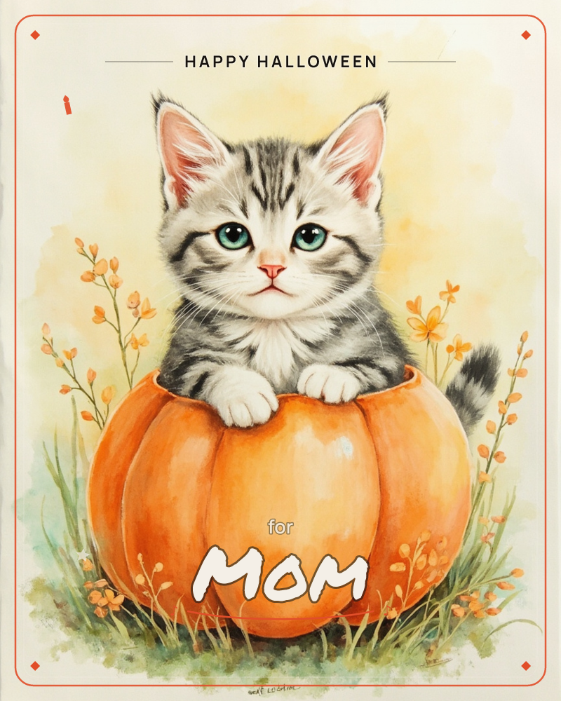 A grey tabby kitten with striking blue-green eyes perches inside a hollowed orange pumpkin, paws draped over the rim, a halloween e-card design