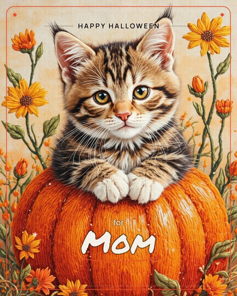 A striped tabby kitten rests its paws atop a large ridged pumpkin, surrounded by tall sunflowers and small orange blossoms against a warm, textured…, a halloween e-card design