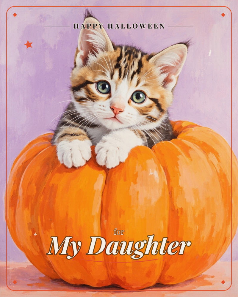 A striped tabby kitten with wide green eyes peers out from inside a hollowed, bright orange pumpkin, paws draped over its ridged edge, a halloween e-card design