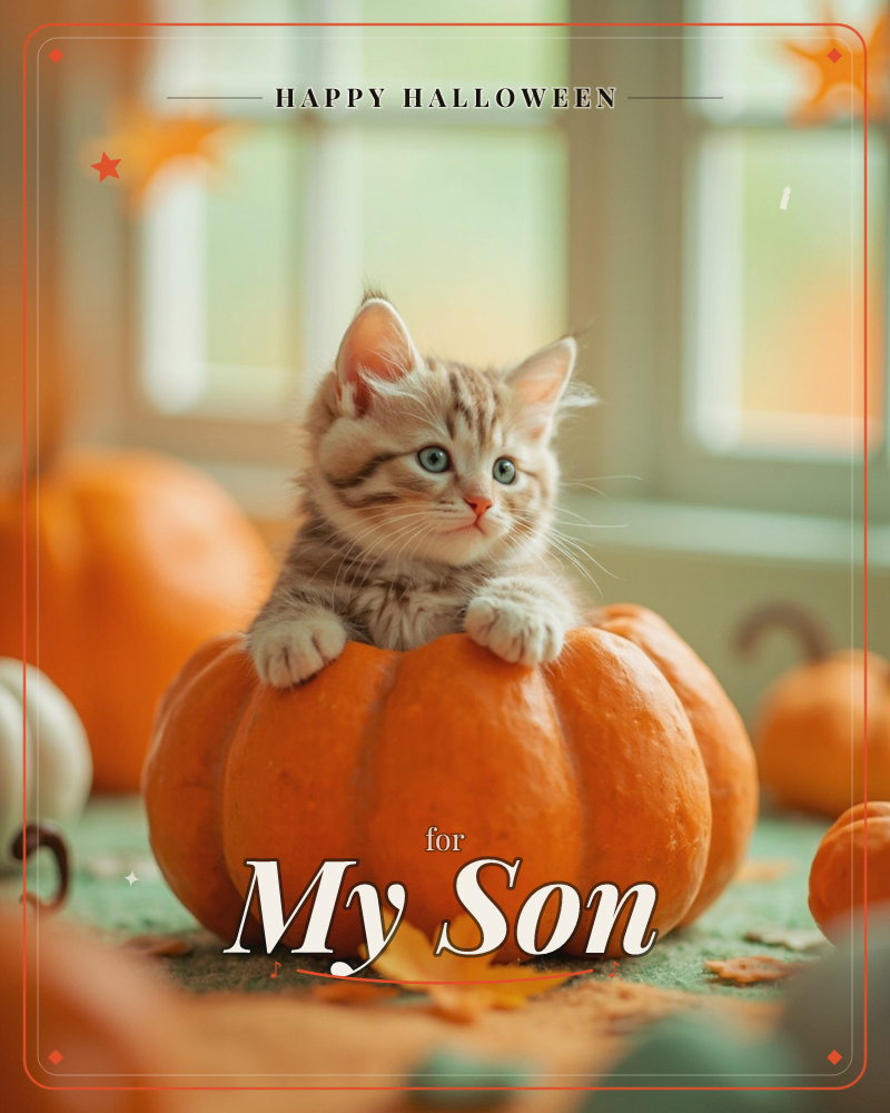 A grey tabby kitten peers over the top of a large ridged orange pumpkin, paws draped over the edge, surrounded by smaller pumpkins and scattered autumn…, a halloween e-card design