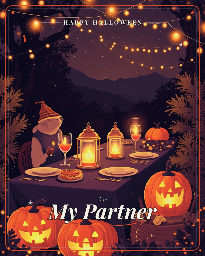 A gnome in a pointed hat sits alone at a candlelit outdoor table set for a Halloween feast, string lights glowing overhead between dark trees and…, a halloween e-card design