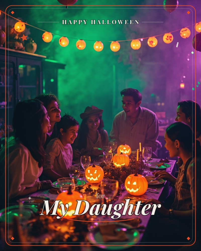 A family gathers around a long table lit by glowing jack-o'-lanterns, their faces warm against a smoky green and purple haze, a halloween e-card design