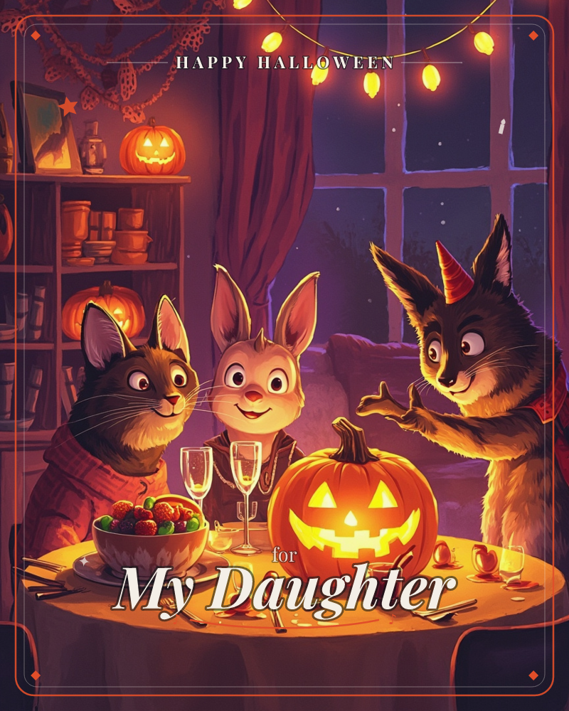 Three animal characters, a fox, a rabbit, and a cat, gather round a small table lit by a glowing jack-o'-lantern, with string lights strung overhead…, a halloween e-card design