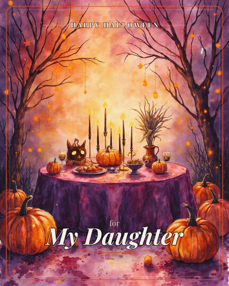 A round table draped in deep purple cloth stands between two bare, twisting trees, set with tall candles, a carved black cat pumpkin, wine glasses, and…, a halloween e-card design