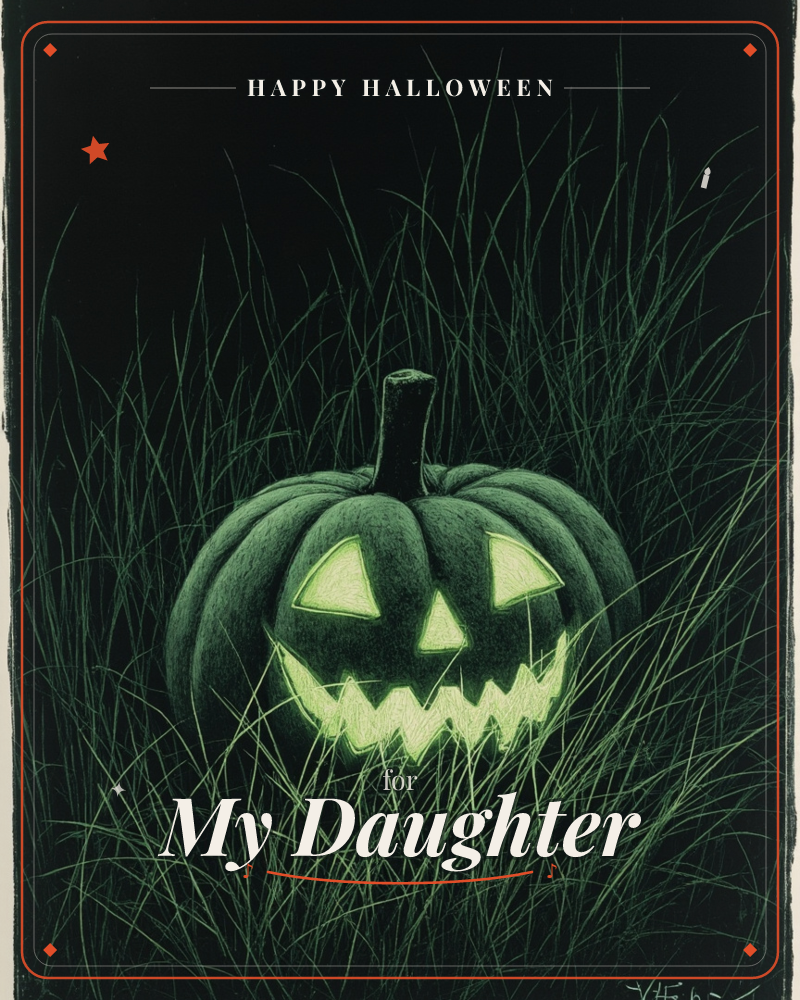 A carved jack-o'-lantern glows eerily green against pitch-black night, its triangle eyes and jagged grin lit from within, half-hidden among tall wild…, a halloween e-card design