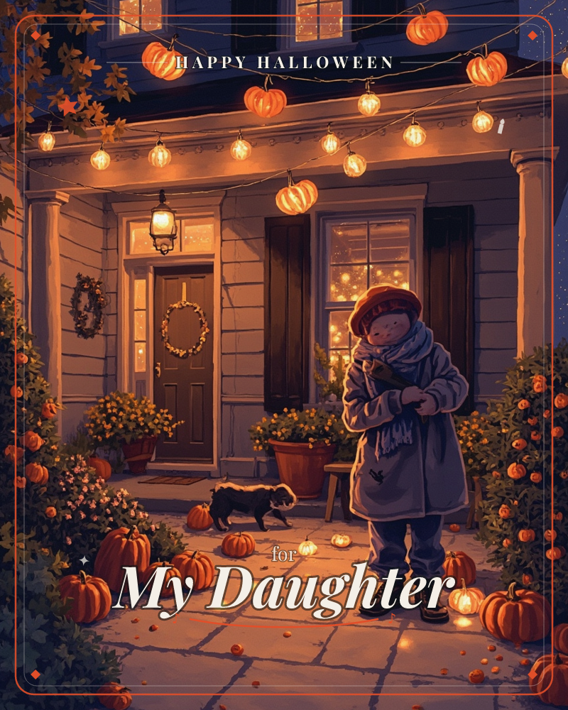 A house porch glows under strings of pumpkin-shaped lights, its wreath-hung door lit from within, a halloween e-card design
