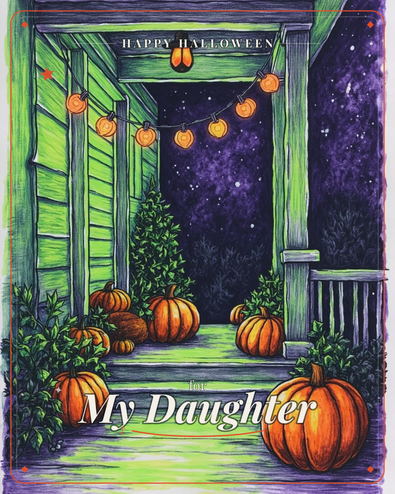 A green wooden porch is strung with pumpkin-shaped fairy lights glowing against a deep purple, star-flecked night sky, a halloween e-card design