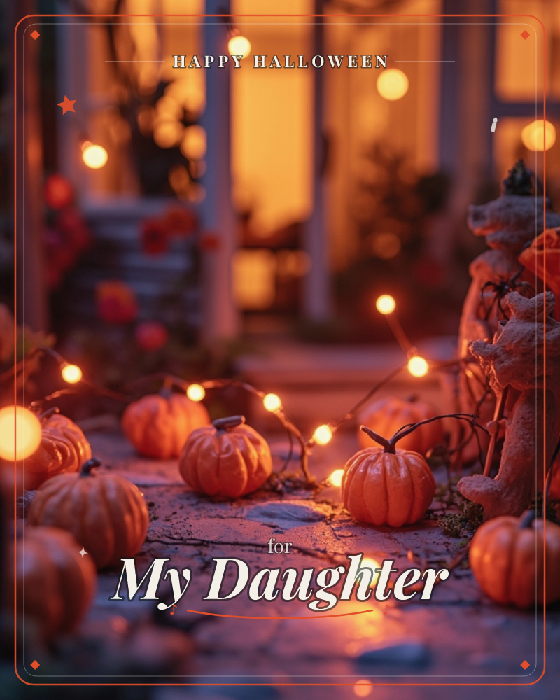 A porch path at dusk is scattered with small pumpkins and strings of warm fairy lights, their glow reflecting off the damp stone, a halloween e-card design