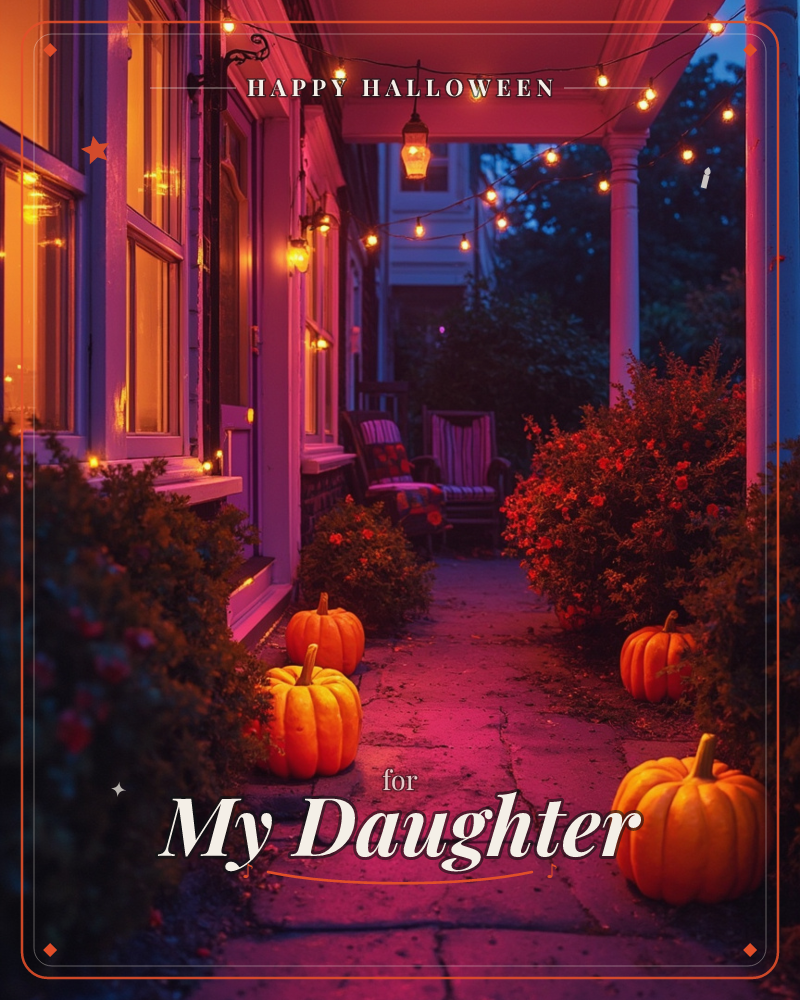 A dusk-lit porch walkway glows with string lights strung overhead and warm lamplight spilling from tall windows, a halloween e-card design