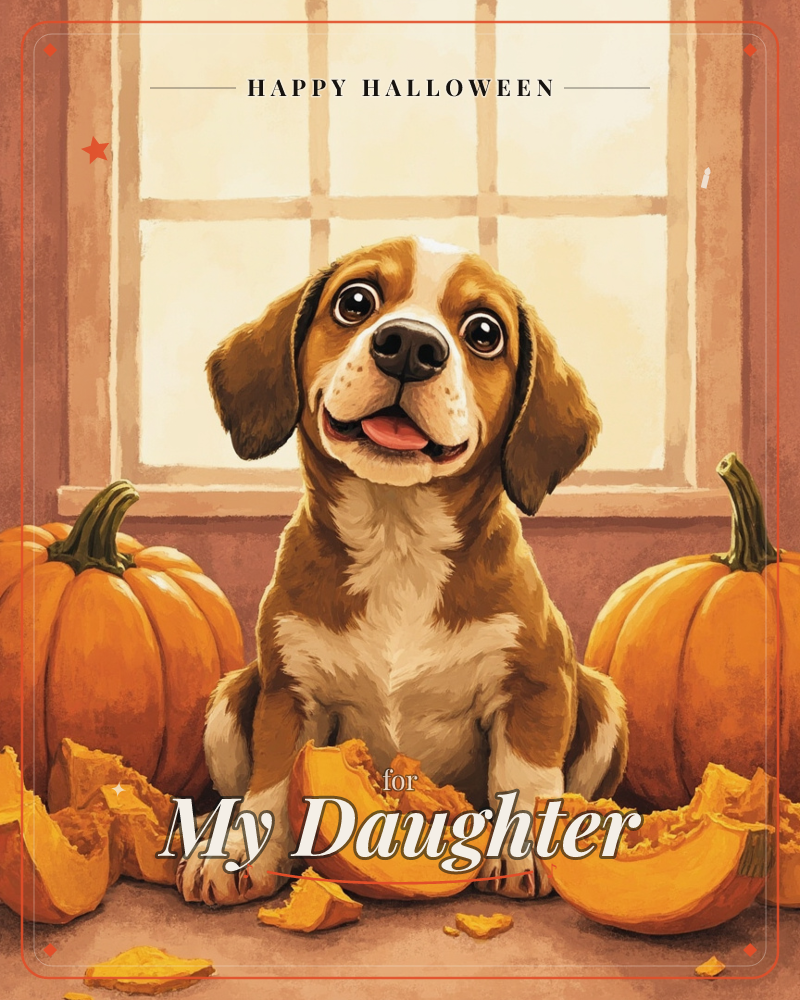 A beagle puppy sits by a sunlit window, tongue out and eyes wide, surrounded by whole pumpkins and freshly carved orange slices scattered on the floor, a halloween e-card design