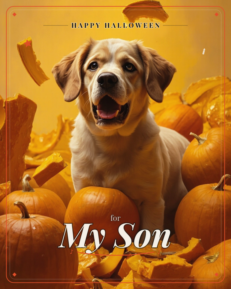 A grinning dog sits chest-deep in a pile of whole pumpkins and freshly carved pumpkin chunks, some pieces caught mid-air as if just tossed, a halloween e-card design