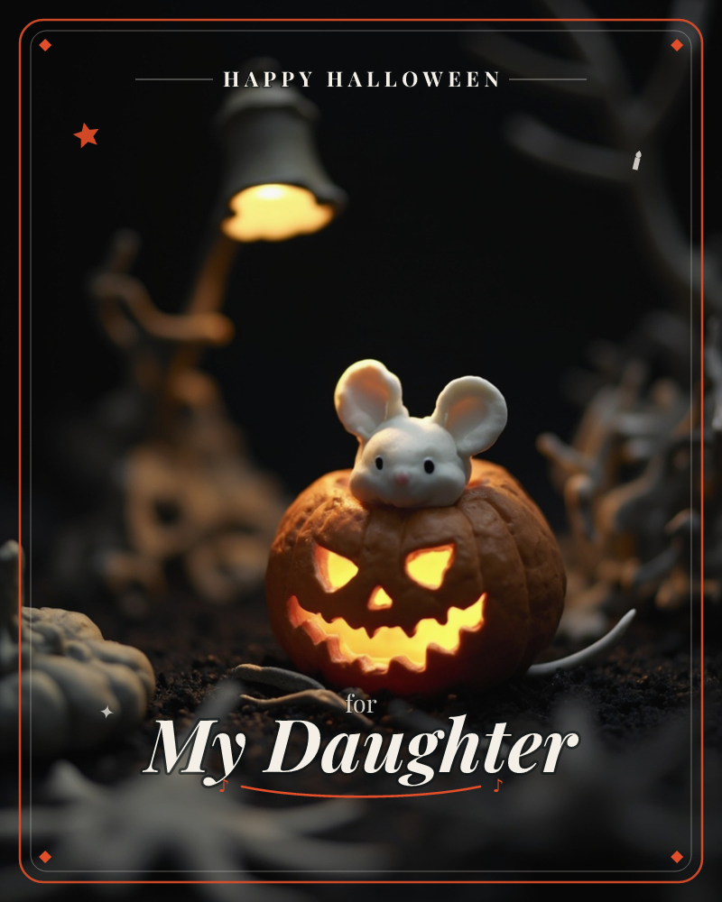 A glowing jack-o'-lantern sits on dark earth at night, its grinning face carved and lit from within, while a small white mouse figure peeks out from…, a halloween e-card design