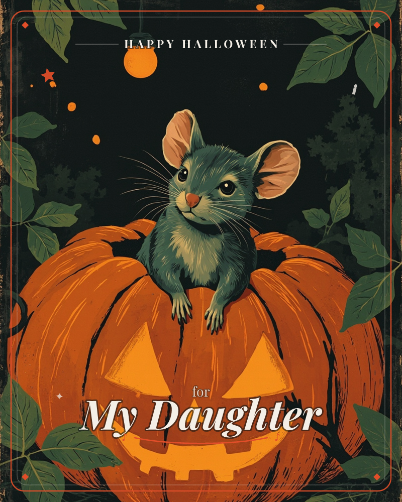A wide-eyed mouse with big pink ears peers out from the top of a glowing jack-o'-lantern, its paws resting on the carved rim, a halloween e-card design