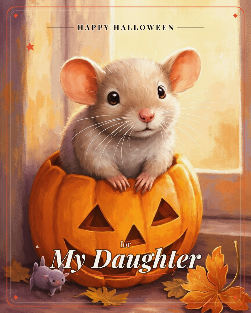 A wide-eyed mouse with oversized ears pokes out from a carved jack-o'-lantern sitting on a sunlit windowsill, tiny paws resting on the pumpkin's…, a halloween e-card design