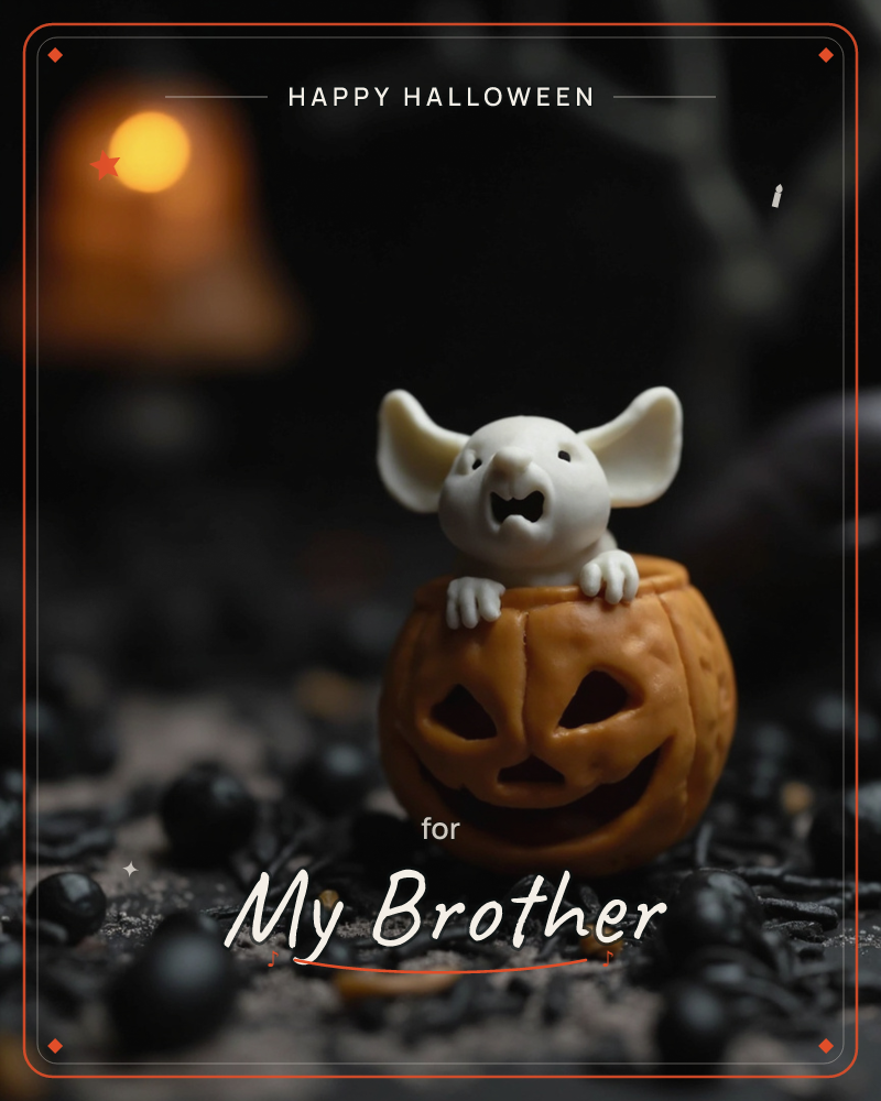 A small white mouse figurine with big round ears peeks out from inside a carved jack-o'-lantern, its little paws resting on the pumpkin's grinning face, a halloween e-card design