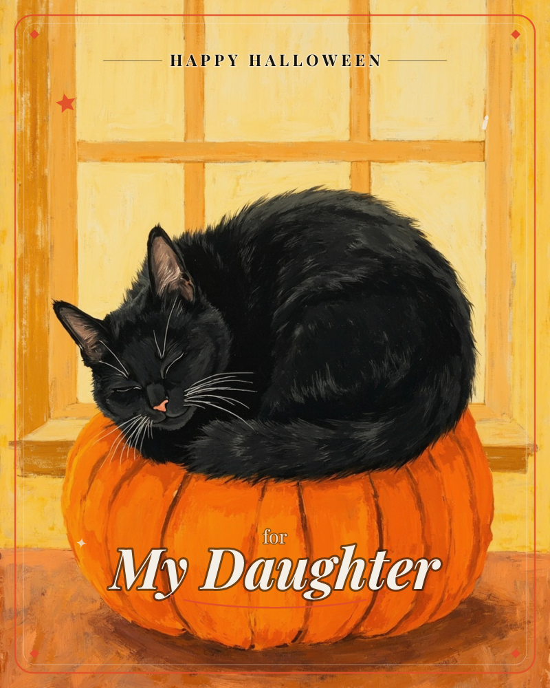 A black cat is curled up fast asleep on top of a plump orange pumpkin, set on a windowsill against warm yellow panes of glass, a halloween e-card design