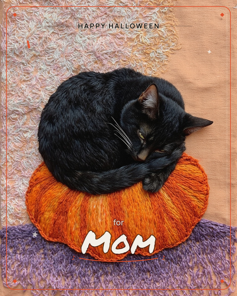 A black cat is curled up asleep atop a plump orange pumpkin, its tail wrapped neatly around its paws and one ear tipped forward, a halloween e-card design