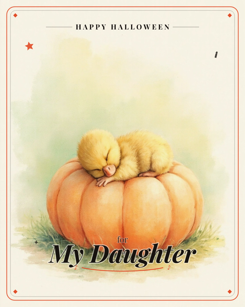 A fluffy yellow duckling sleeps curled atop a large round pumpkin, its head tucked down in peaceful rest, a halloween e-card design
