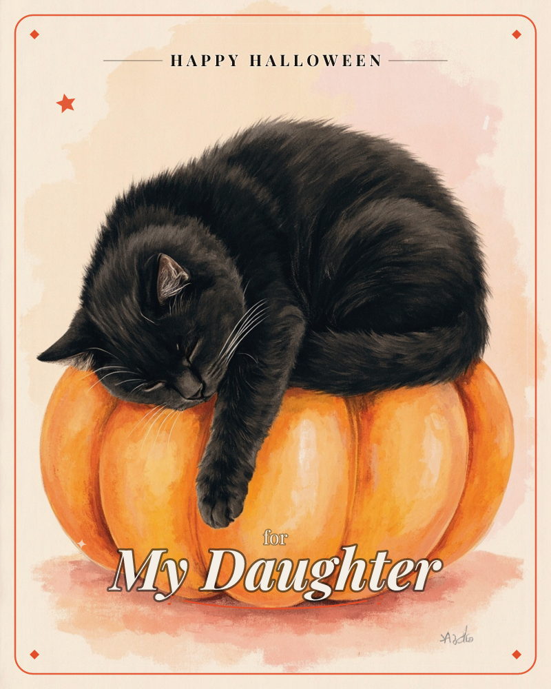 A black cat is curled up fast asleep on top of a plump ridged pumpkin, one paw dangling down over its curved side, a halloween e-card design