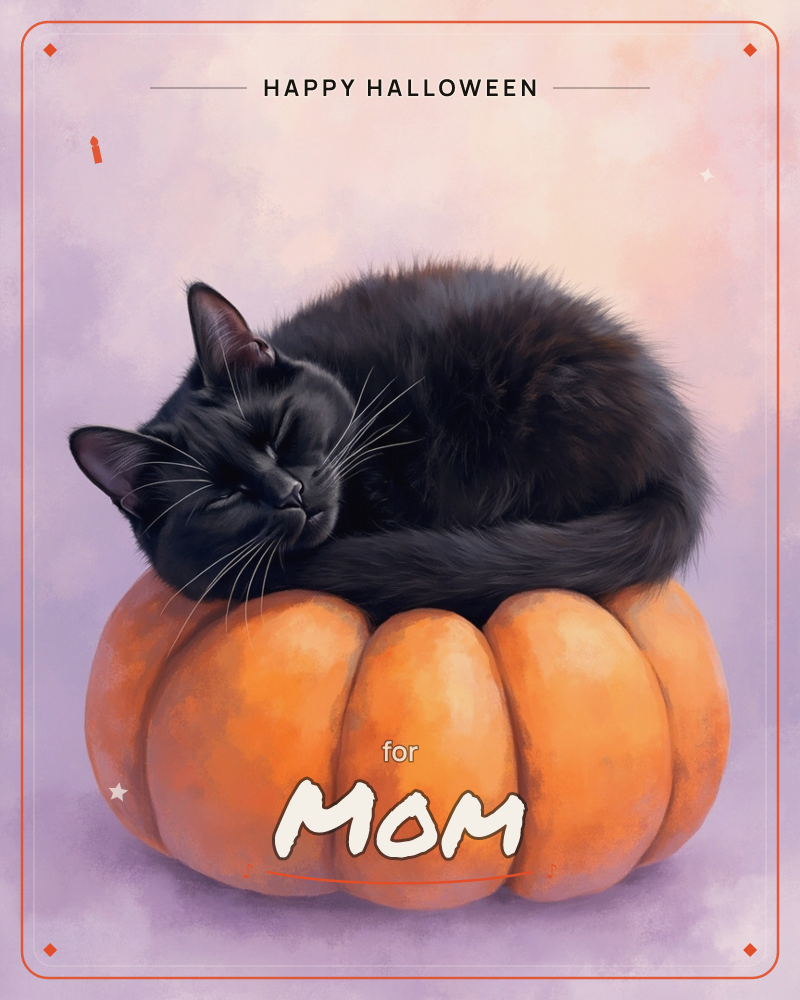 A black cat is curled up fast asleep on top of a plump orange pumpkin, tail wrapped neatly around its body, a halloween e-card design