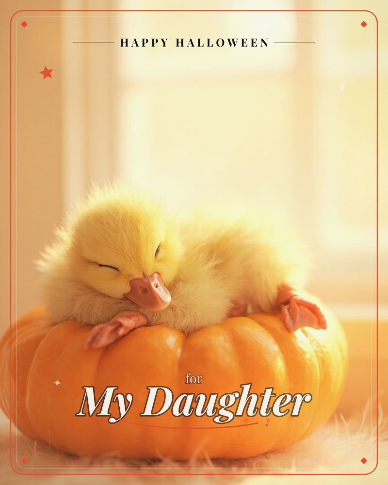 A fluffy yellow duckling naps curled on top of a small orange pumpkin, its webbed feet dangling over the ridges, a halloween e-card design