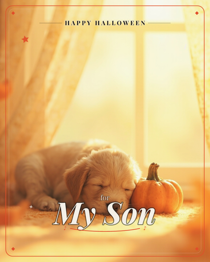 A golden puppy naps against a small pumpkin on a sunlit windowsill, its head resting softly on the orange rind, a halloween e-card design