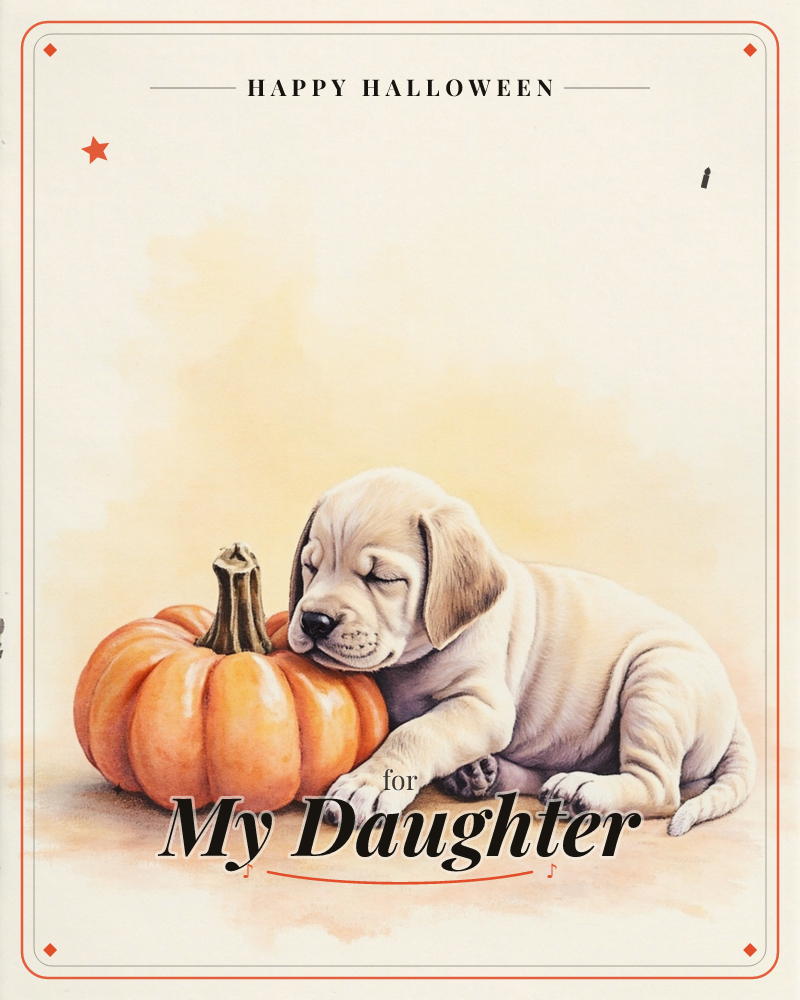 A pale golden puppy naps with its chin resting on a small orange pumpkin, eyes closed in contentment, a halloween e-card design
