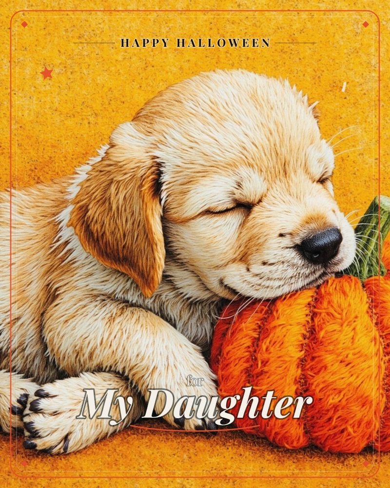 A golden puppy naps with its head resting on a plush orange pumpkin, eyes closed and whiskers catching the light, a halloween e-card design