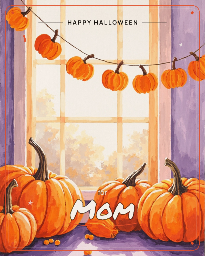 A row of plump orange pumpkins lines a purple windowsill, with a string of smaller pumpkin lights strung across the glass above, a halloween e-card design