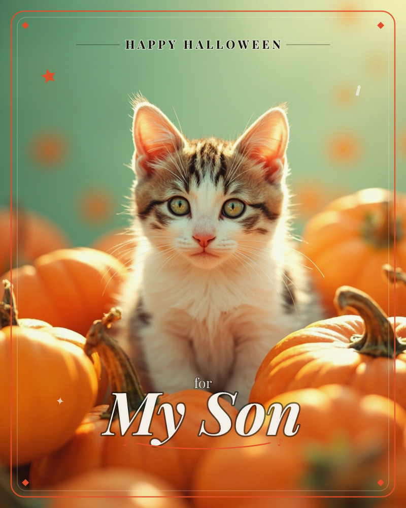 A wide-eyed tabby kitten sits nestled among a pile of small orange pumpkins, its ears backlit by warm sunlight against a soft teal-green background, a halloween e-card design