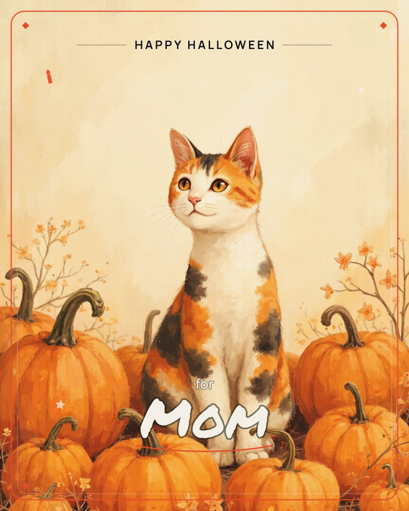 A calico cat sits upright amid a cluster of small orange pumpkins, its patchwork coat of white, ginger and charcoal catching a soft autumn light, a halloween e-card design